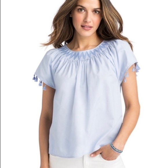 Vineyard Vines Tops - Vineyard Vines Smocked Tassel Short Sleeve Blouse